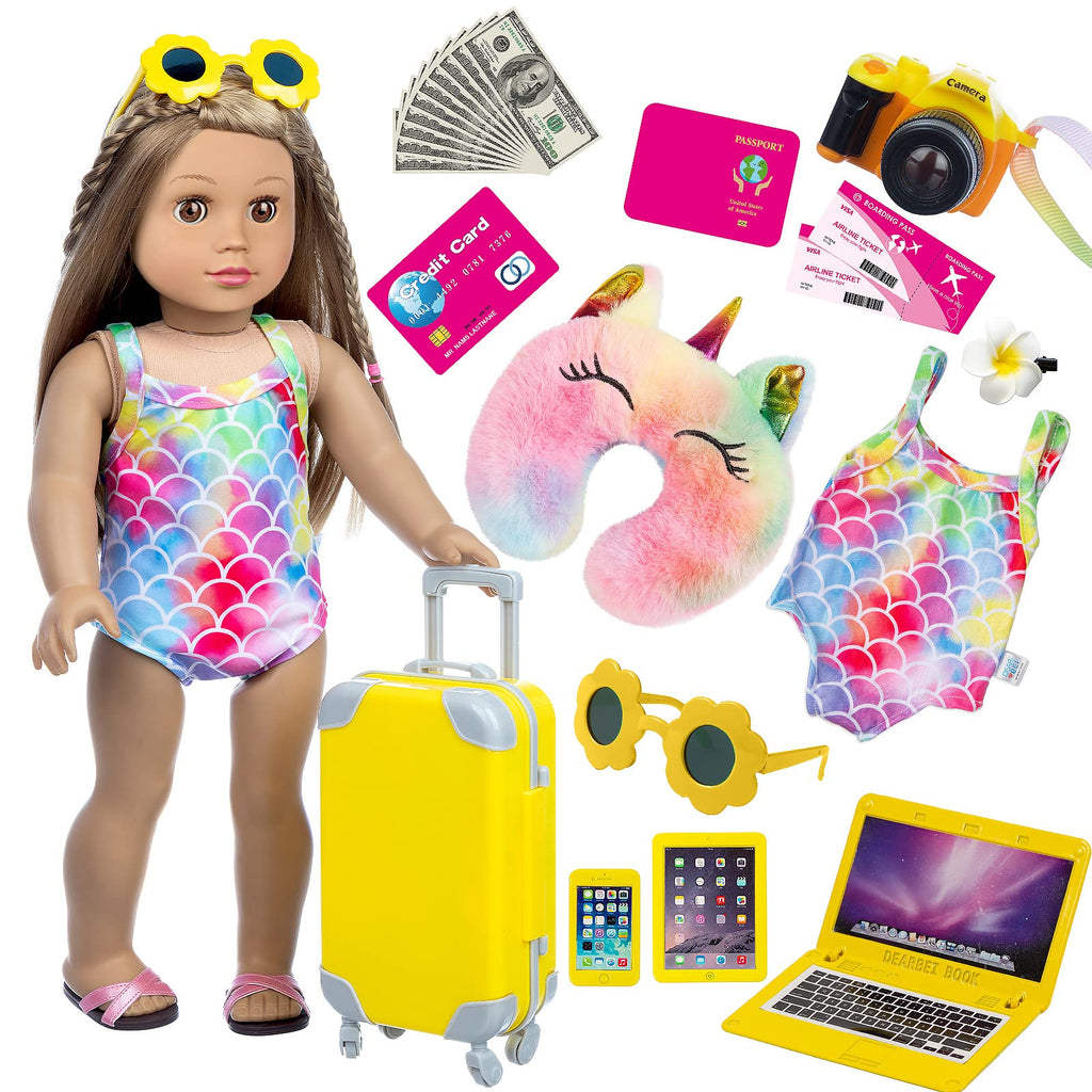 18 Inch Doll Clothes and Accessories Dolls Travel Suitcase Luggage Play Set for 18 Inch Girl Doll Including Sunglasses Camera Computer Phone Ipad