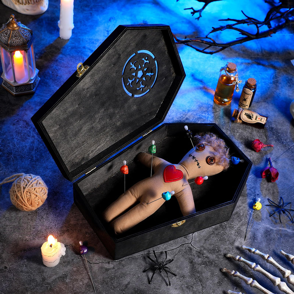 12 Pcs Voodoo Doll Kit Include Creepy Dolls 10 Pcs Skull Pins Wooden Coffin Box Haunted Doll Halloween Scary Ghost Voodoo Ornaments Fidget Toys Stress Relieving(Male)