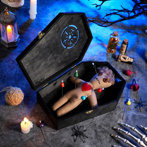 12 Pcs Voodoo Doll Kit Include Creepy Dolls 10 Pcs Skull Pins Wooden Coffin Box Haunted Doll Halloween Scary Ghost Voodoo Ornaments Fidget Toys Stress Relieving(Male)