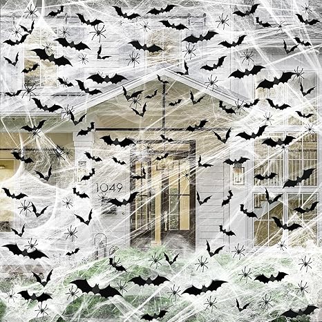 Famoby 1200 sqft Halloween Spider Webs and 120pcs Fake Bats and 50pcs Fake Spiders Super Stretch Cobwebs Party Decorate for Halloween Theme Indoor and Outdoor Decoration