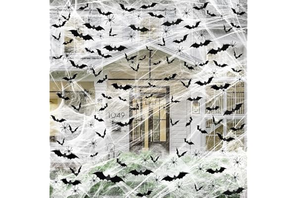 Famoby 1200 sqft Halloween Spider Webs and 120pcs Fake Bats and 50pcs Fake Spiders Super Stretch Cobwebs Party Decorate for Halloween Theme Indoor and Outdoor Decoration