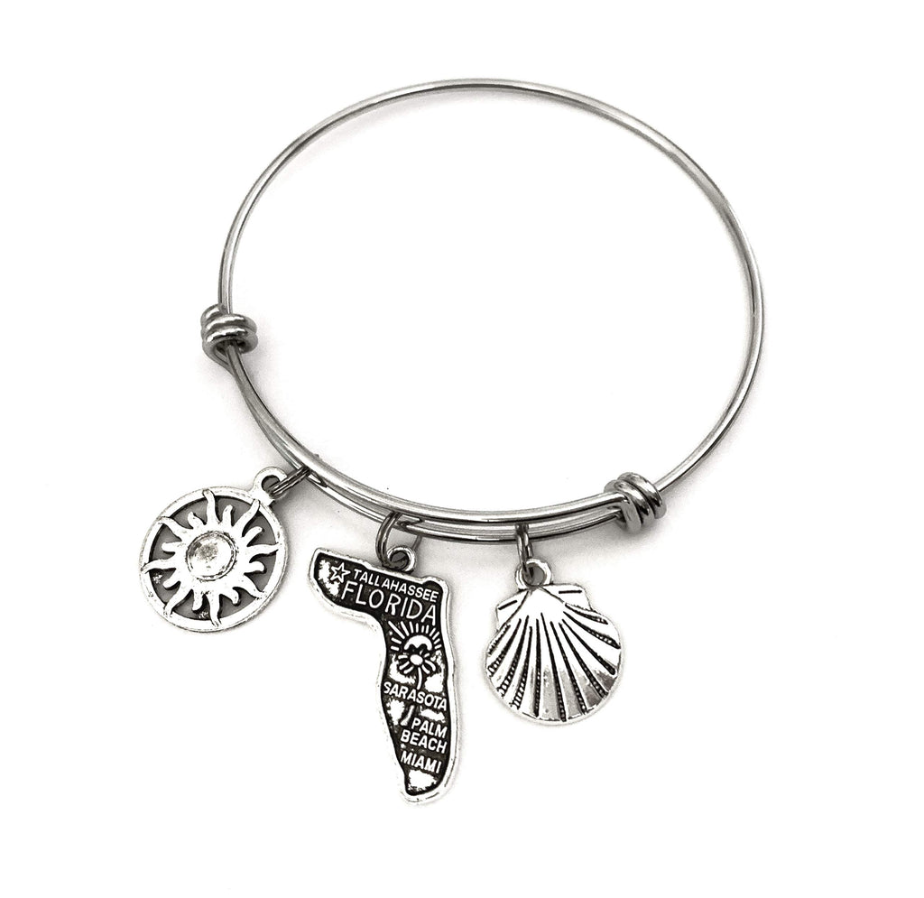 Florida theme bracelet gift. Includes Sunshine, State of Florida, and seashell charms. Florida Beach Gift. Floridian Expandable Bangle. Florida Gift.