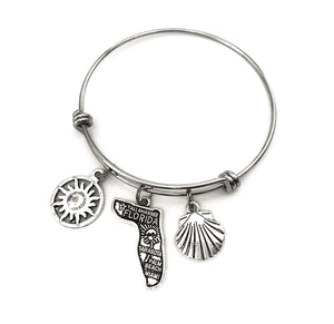 Florida theme bracelet gift. Includes Sunshine, State of Florida, and seashell charms. Florida Beach Gift. Floridian Expandable Bangle. Florida Gift.