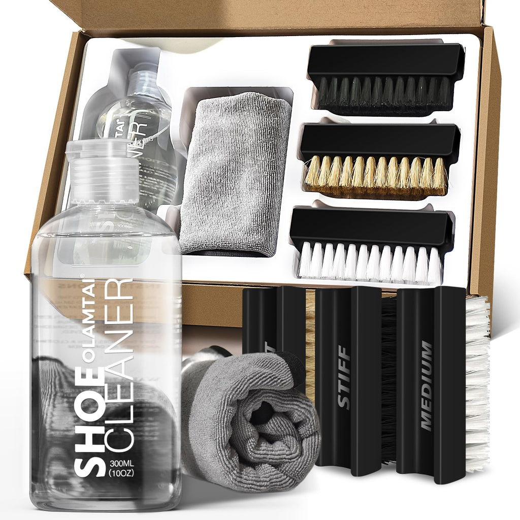 OLAMTAI Shoe Cleaner Kit for Sneaker, Cleaning Kit, Sneaker 10Oz with 3 Brush & Microfiber Towel Included, Shoe, Suede, Boot, Canvas, PU, Fabric, etc,Clear,(Madala-SC-210201)