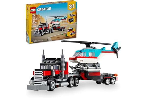 LEGO Creator 3 in 1 Flatbed Truck with Helicopter Toy, Transforms from Flatbed Truck Toy to Propeller Plane to Hot Rod and SUV Car Toys, Gift Idea for Boys and Girls Ages 7 Years Old and Up, 31146