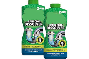Two bottles of Green Gobbler Drain Clog Dissolver on a white background