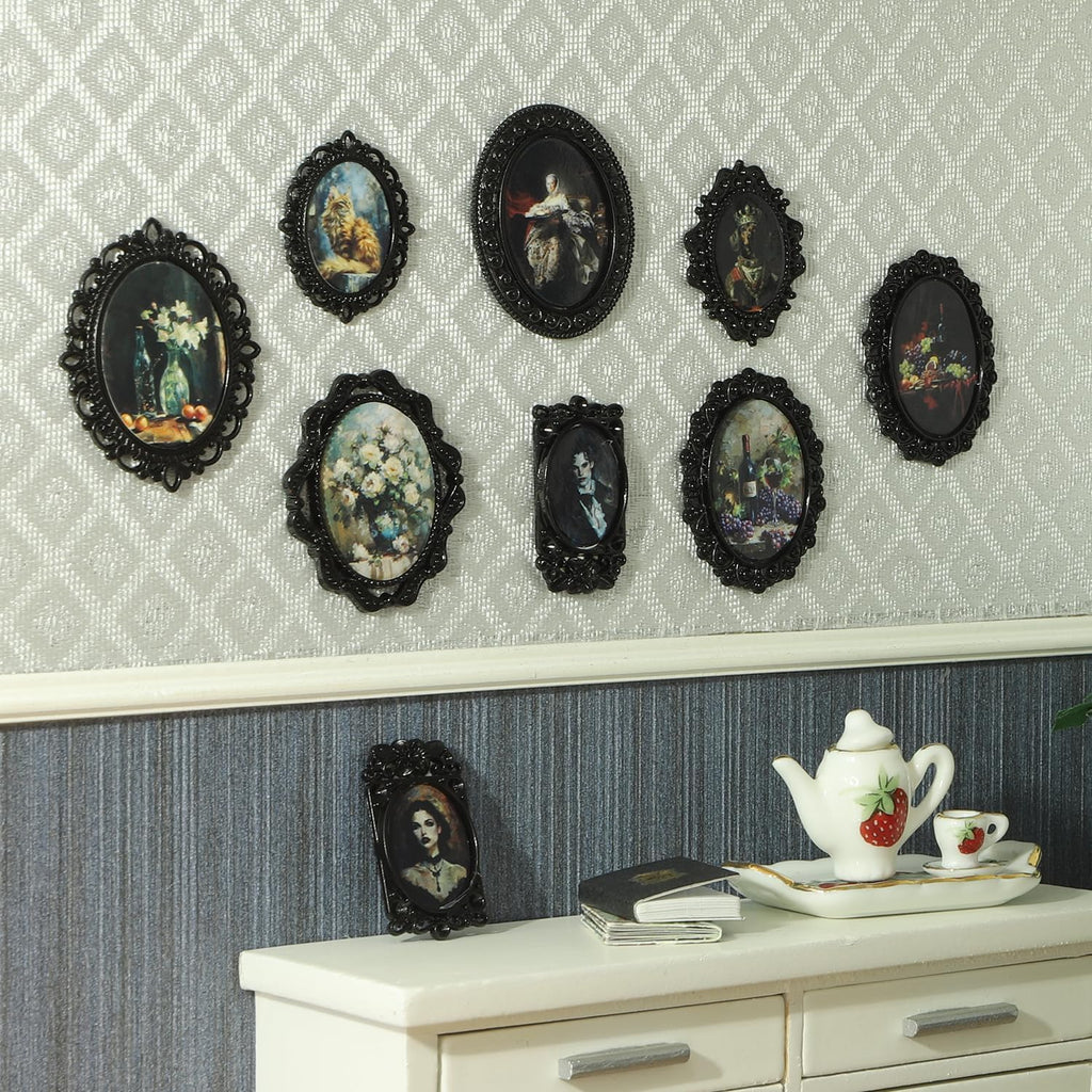 iLAND 1/12 Scale Accessories of Tiny Frames 7pcs with 14 Miniature Pictures Set for Dollhouse Miniatures Décor Also Elf Accessories Classic & Exquisite (Black Tiny Frame Art)