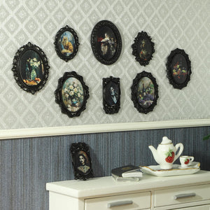 iLAND 1/12 Scale Accessories of Tiny Frames 7pcs with 14 Miniature Pictures Set for Dollhouse Miniatures Décor Also Elf Accessories Classic & Exquisite (Black Tiny Frame Art)