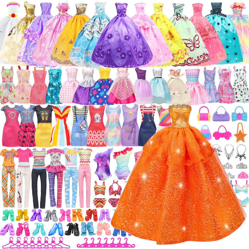75 Pcs Doll Clothes and Accessories Gift Box Package,5 Wedding Gowns 4 Evening Dresses 8 Fashion Dresses 3 Set Casual Outfit, 2 Swimsuit,30 Hanger 10 Shoes 10 Accessories for Girls 3-10 years old Gift