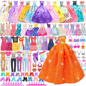75 Pcs Doll Clothes and Accessories Gift Box Package,5 Wedding Gowns 4 Evening Dresses 8 Fashion Dresses 3 Set Casual Outfit, 2 Swimsuit,30 Hanger 10 Shoes 10 Accessories for Girls 3-10 years old Gift