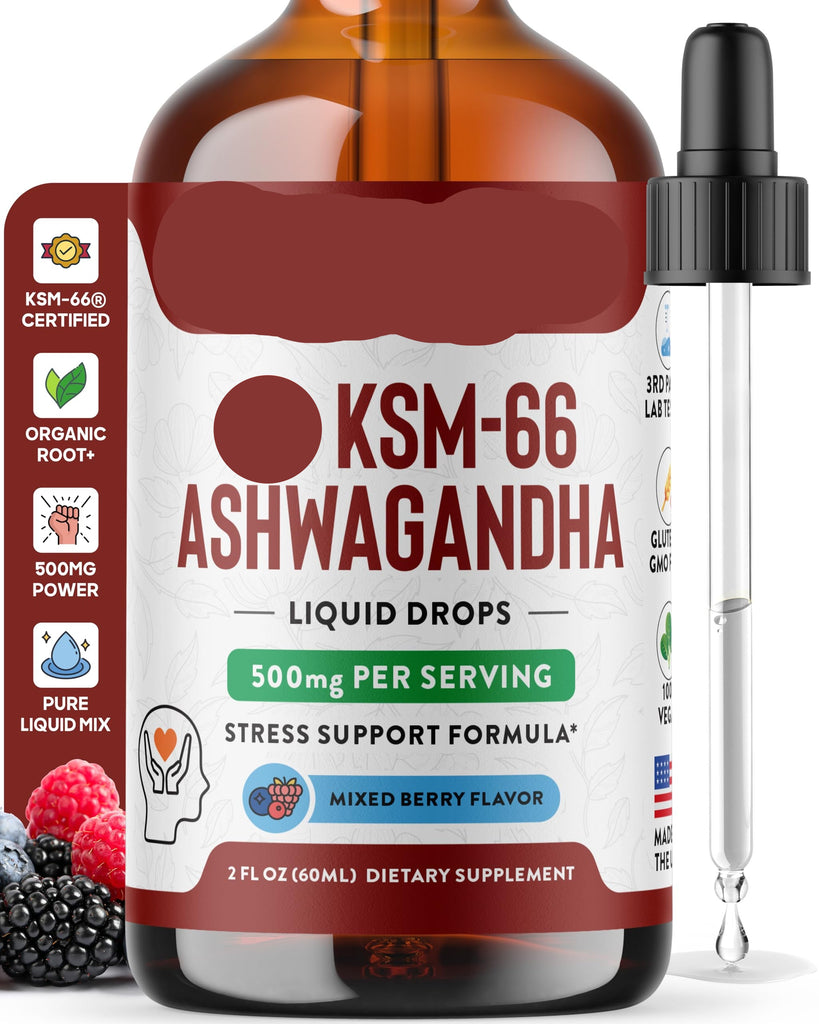 Bottle of KSM-66 Ashwagandha liquid drops with dropper labeled 'Drops of Nature'.