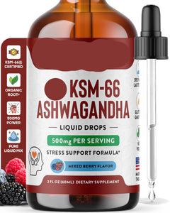 Bottle of KSM-66 Ashwagandha liquid drops with dropper labeled 'Drops of Nature'.