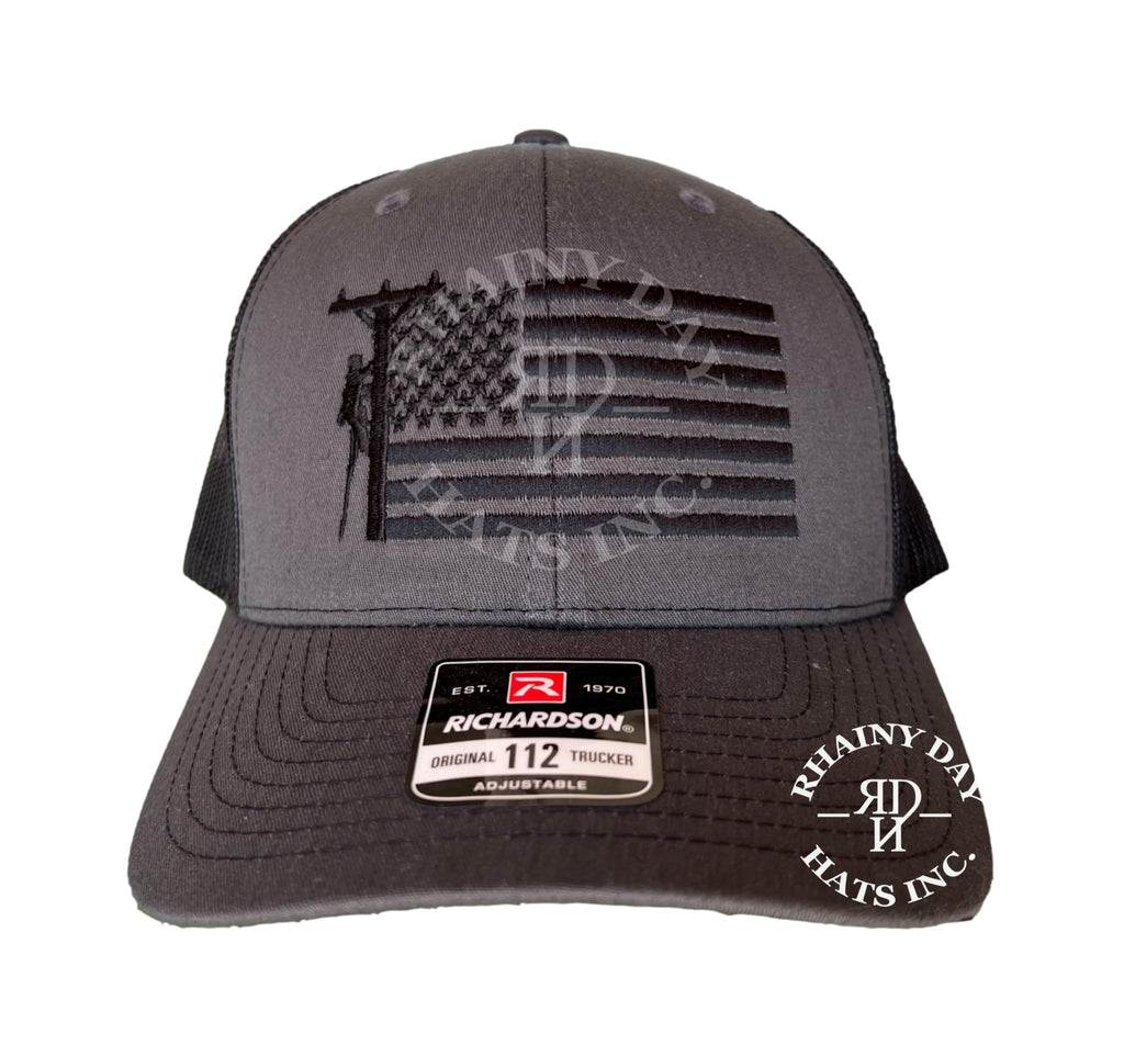 Rhainy Day Hats Inc. Lineman flag hat, Lineman embroidered hat, Lineman American Flag embroidered hat, Lineman gift