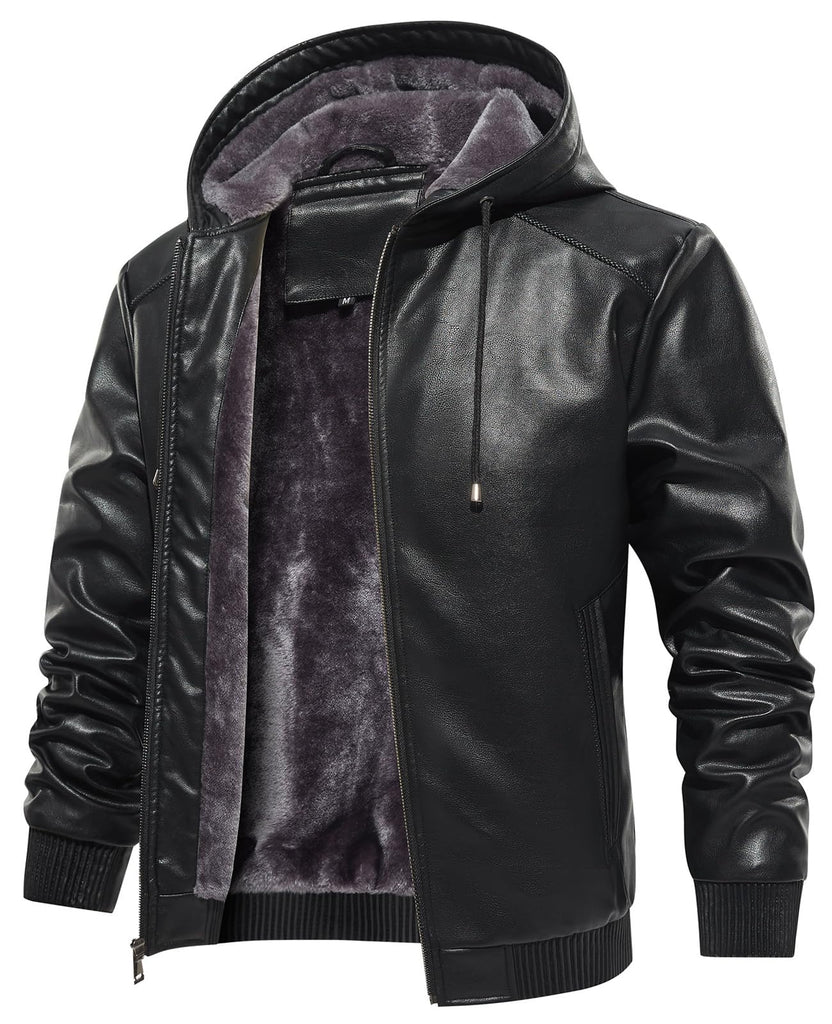 MANSDOUR Men's Faux Leather Jacket Warm Black Fleece Lined Motorcycle Bomber Jacket with Hood