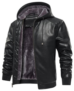 MANSDOUR Men's Faux Leather Jacket Warm Black Fleece Lined Motorcycle Bomber Jacket with Hood