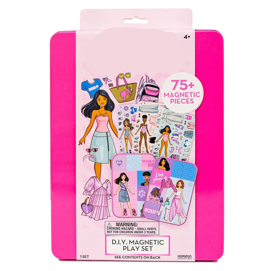 Barbie DIY magnetic play set packaging with illustrations of dolls and accessories on a pink background.
