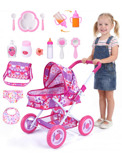 BABESIDE Baby Doll Stroller Set, 10-Piece Portable Doll Stroller with Baby Doll Accessories for Pretend Play, Feeding & Care Playset for Girls 3+, Fits 12-Inch Dolls (Doll Not Included)