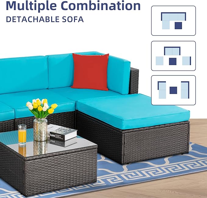 Lacoo 5 Pieces Patio Sectional Set Pe Rattan All-Weather Conversation Set With Table Blue 83³ L X 55³ W X 25³ H