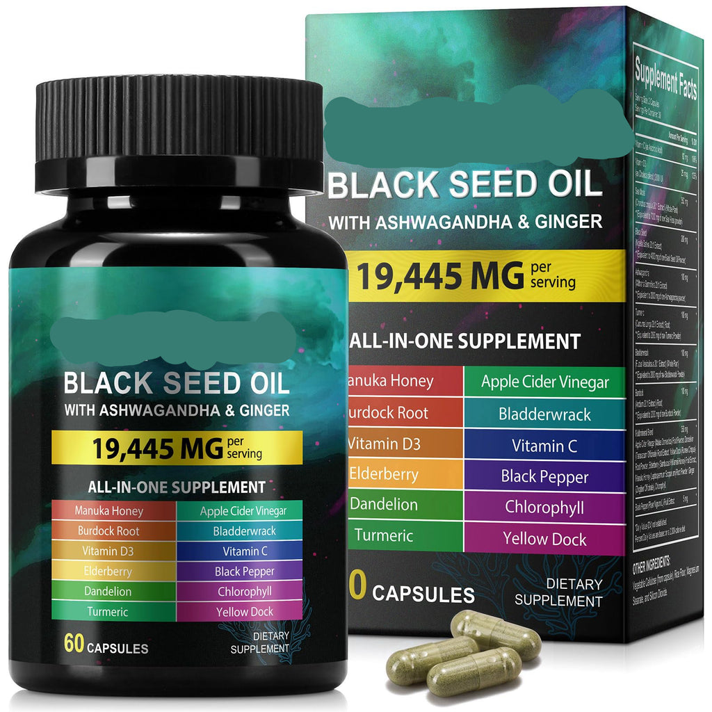 Sea Moss Black Seed Oil supplement bottle and packaging on a white background