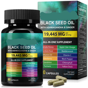 Sea Moss Black Seed Oil supplement bottle and packaging on a white background