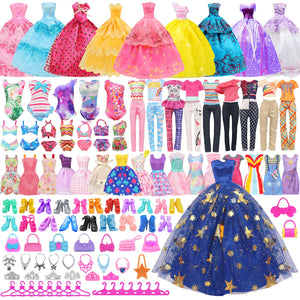 Ecore Fun 101 Pcs Doll Clothes and Accessories Set for 11.5 Inch Dolls - 5 Wedding Gowns 12 Fashion Dresses 2 Tops 2 Pants 2 Swimsuits 10 Shoes and Other Accessories Dress up Toys for Girls Kids