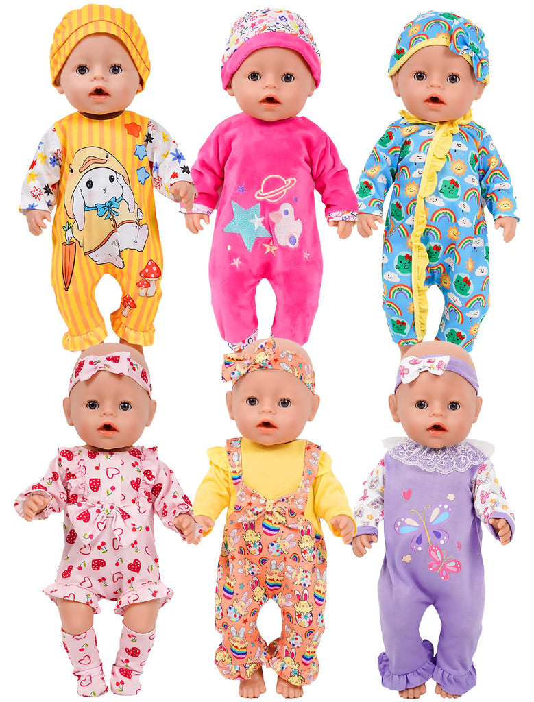 6 Sets 14-16 Inch Baby Doll Clothes, New Born Doll Outfits with Rompers & Accessories for 16-inch Soft Body Dolls (43cm, No Doll)