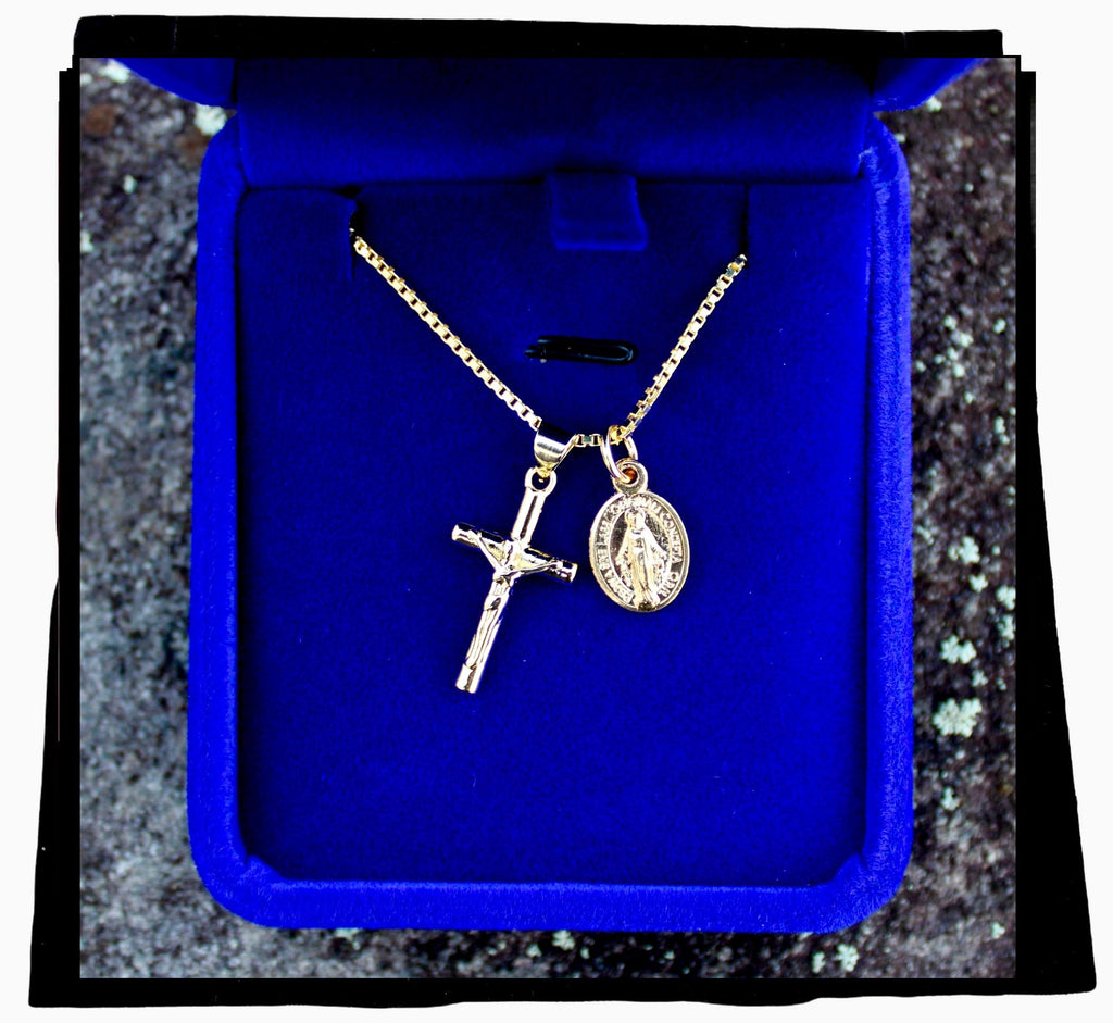 Our Lady MIraculous Medal Necklace, 16", 18", 20" or 22" Gold Plated Sterling Box Chain, Tiny Gold Tone Crucifix and Miraculous medal, First Communion, Confirmation Gift