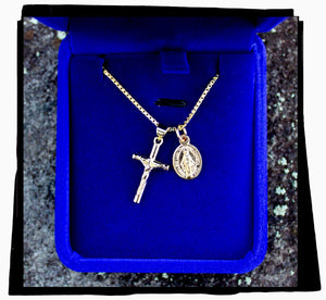 Our Lady MIraculous Medal Necklace, 16", 18", 20" or 22" Gold Plated Sterling Box Chain, Tiny Gold Tone Crucifix and Miraculous medal, First Communion, Confirmation Gift