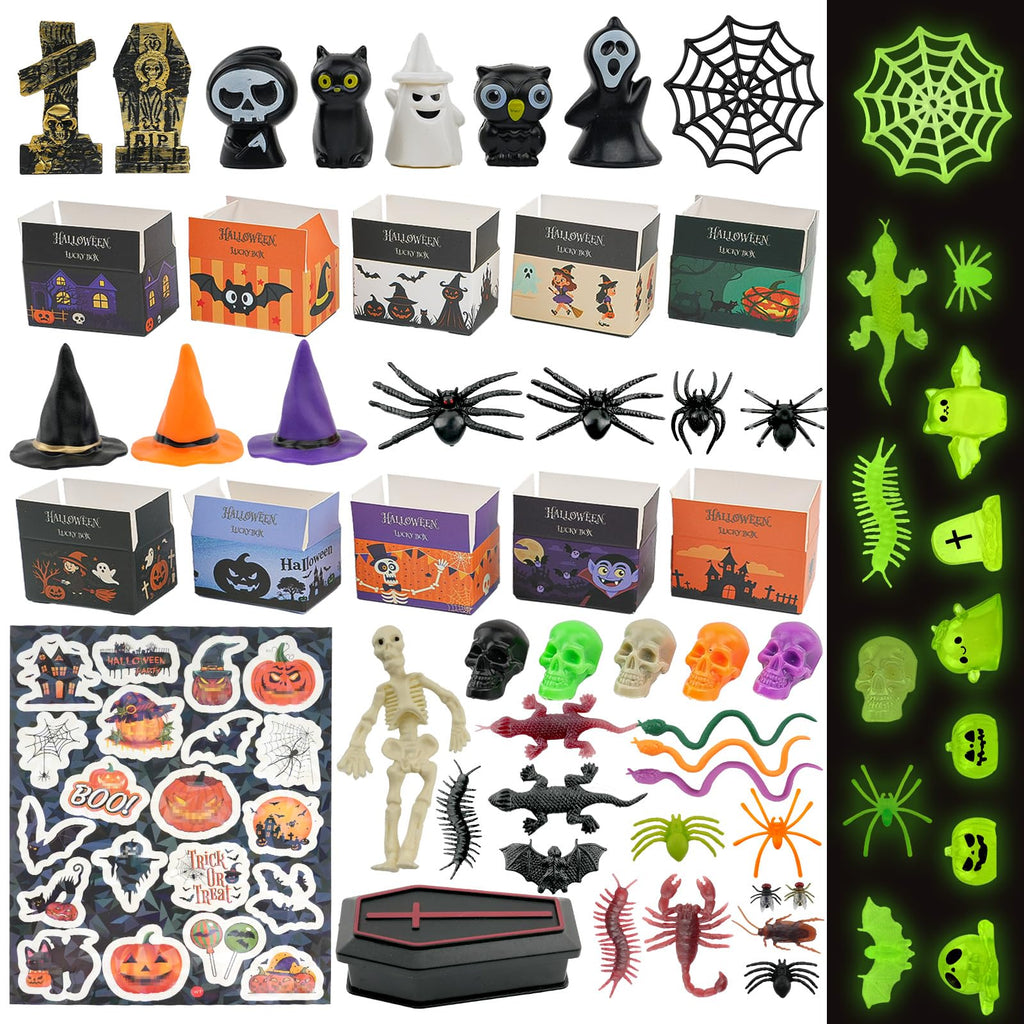61 Piece Miniature Halloween Figures Set Creepy Cute Mini Resin Decor Luminous Ghost Skeletons Spiders Coffins Lizards Tombstones Witch Hats Roaches Snakes - Party Supplies & Dollhouse Accessories