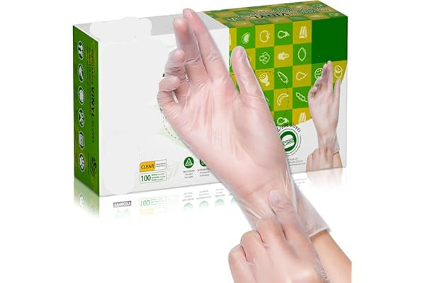 Disposable vinyl gloves with a box labeled 'Swissline' on a white background