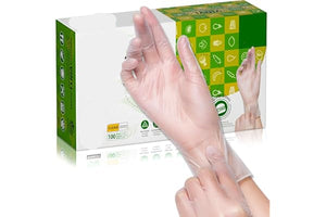 Disposable vinyl gloves with a box labeled 'Swissline' on a white background
