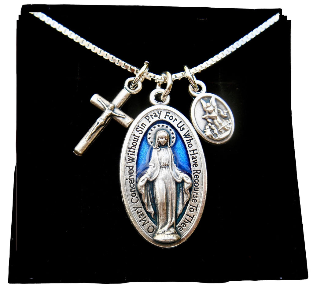 BlessingsfromHeaven Dark Blue Enamel Miraculous Medal Necklace, Virgin Mary Miraculous Medal, 18" Sterling Silver Box Chain, Alloy Medals, Virgin Mary Medallion, St. Michael/Guardian Angel Charm