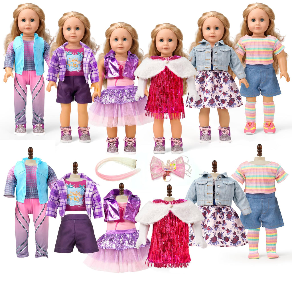 18-Inch American Doll Clothes Accessories - 19Pcs Fashion 18 Inch Doll Outfit Set for Girls Gifts, Includes 3 Dresses, Lounge Suit, Workout & Yoga Sets and Accessories for 18 Inch Dolls