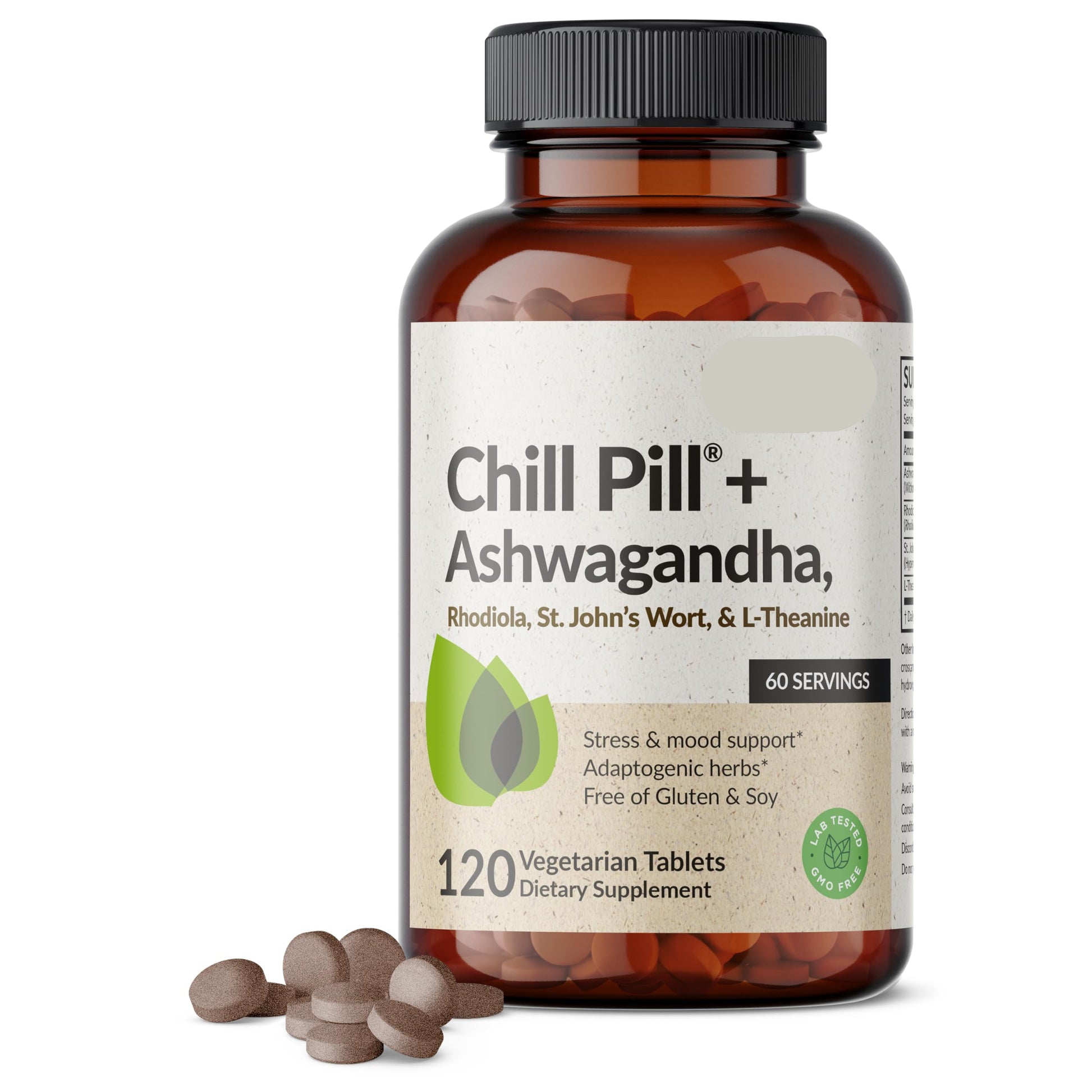 Supplement bottle labeled 'Chill Pill + Ashwagandha' with a white background