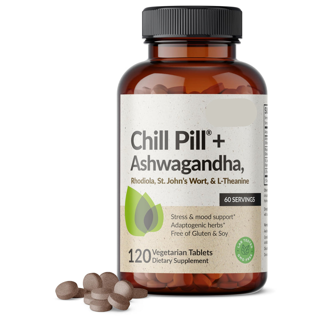 Supplement bottle labeled 'Chill Pill + Ashwagandha' with a white background