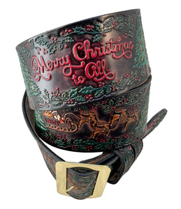 Hilltop Leather Company, Hand Painted and Tooled Santa Claus Belt & Buckle, Merry Christmas to All, Solid Leather, 3" Wide