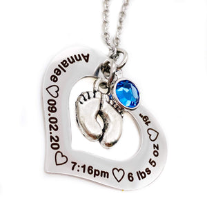 Personalized Open Heart Necklace for New Moms, Engraved Baby Birth Information Charm with Birthstone, Customizable Chain Style and Length, Perfect Mother's Day, Push Present or Birthday Gift