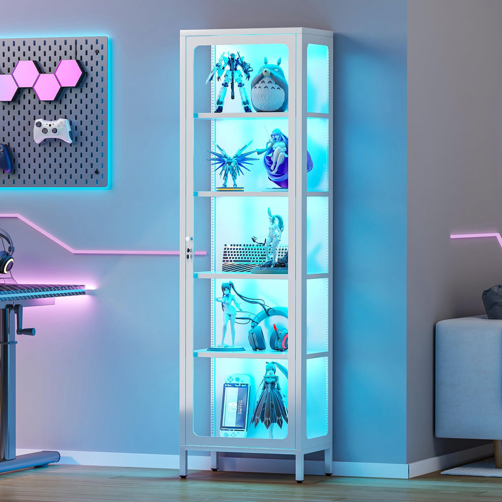 69" Glass Display Cabinet with Lock & 13-Color LED Lights, 5-Tier Locking Metal Cabinet with Adjustable Shelves, Secure Showcase for Collectibles, Action Figures, Trophies (White)
