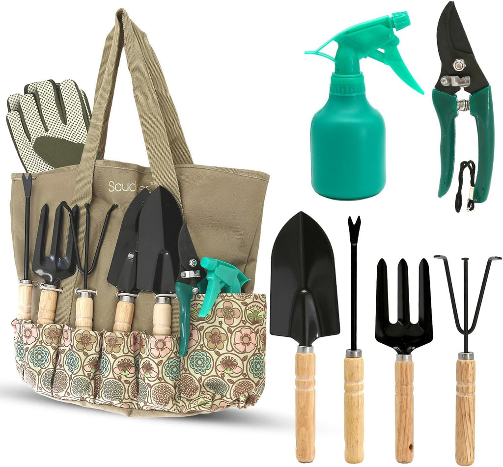 Scuddles 8-Piece Garden Tool Set with Heavy-Duty Tote Bag – Stainless Steel Gardening Tools with Wooden Handles, Non-Slip Grip, Gloves, Hand Rake, Trowel, Pruner & Sprayer for Planting & Landscaping