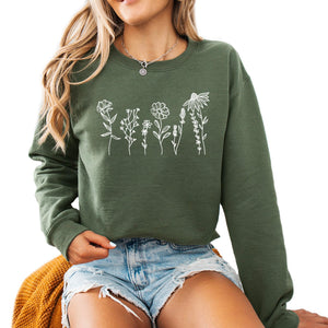 Verita Culture Wildflowers botanical plant Women's Long Sleeve Crewneck Sweatshirt flower Print Graphic Shirts Pullover Tops Sand