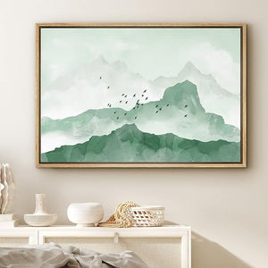 Wall26 Framed Canvas Print Wall Art Green Watercolor Mountains & Birds Nature Wilderness Illustrations Modern