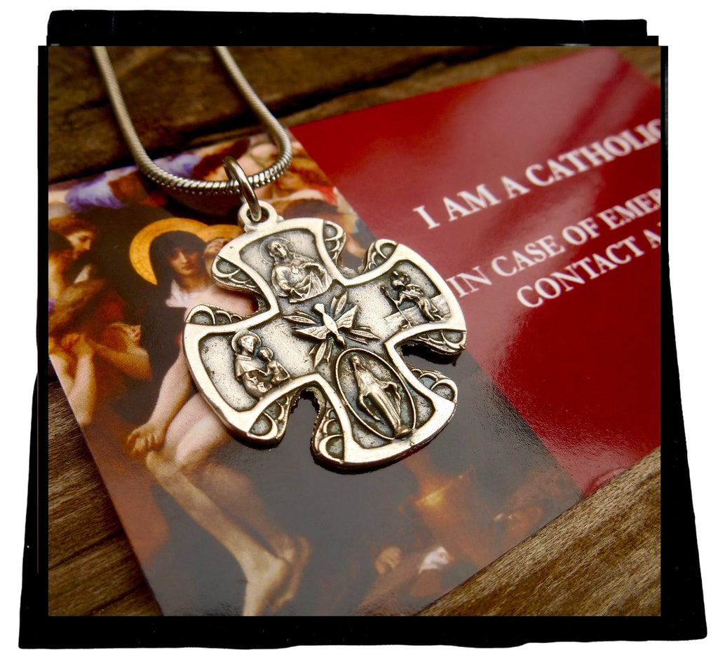 5 Way Crucifix, Large 1" Catholic Cross, 18" Stainless Steel Snake Chain with Lobster Clasp, Alloy Medal/Includes I AM A CATHOLIC, Please call a priest. Prayer Card