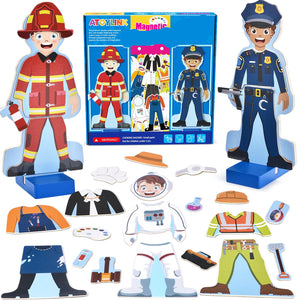 Toy dress-up set with figures of a firefighter, police officer, and astronaut, along with their respective outfits and packaging.