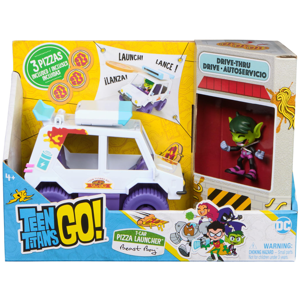DC Comics Teen Titans Go! T-Car Pizza Launcher, Beast Boy Action Figure Set with Interactive Features, Kids Toys for Boys and Girls 4 and Up