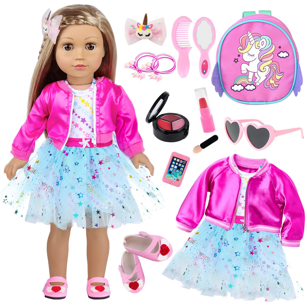 American 18 Inch Doll Clothes and Makeup Accessories Set Includes Clothes Backpack Sunglasses Phone Shoes Comb Mirror Eye Shadow Lipstick Hair Clip Hair Tie(Doll NOT Included)