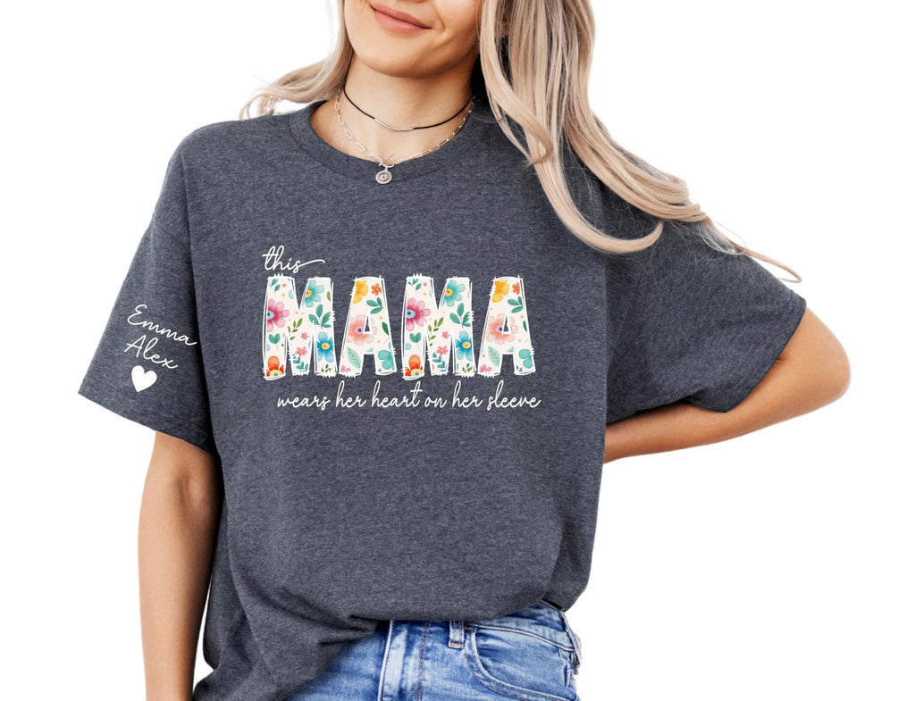 Personalized Mama Shirts for Women Custom Mom Shirt with Kids Names on Sleeve This Mama Wears Her Heart on Her Sleeve for Mom