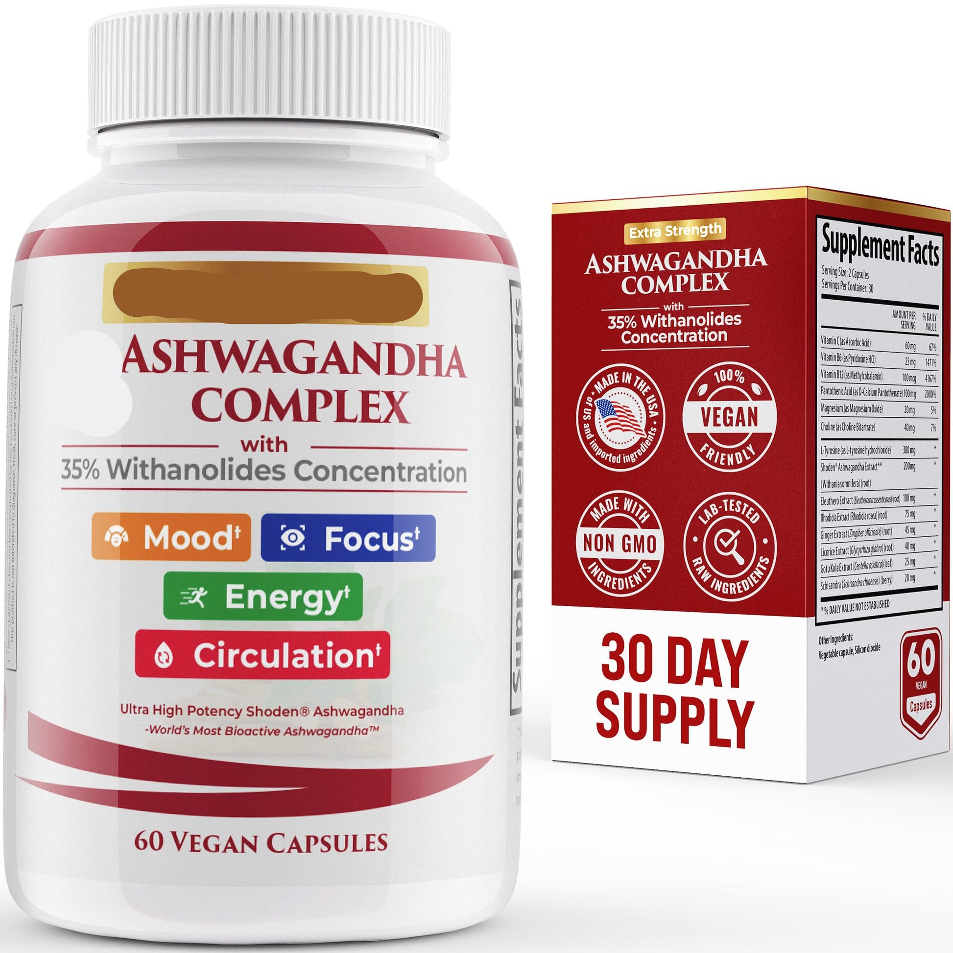 Extra Strength Ashwagandha Complex bottle and packaging on a white background