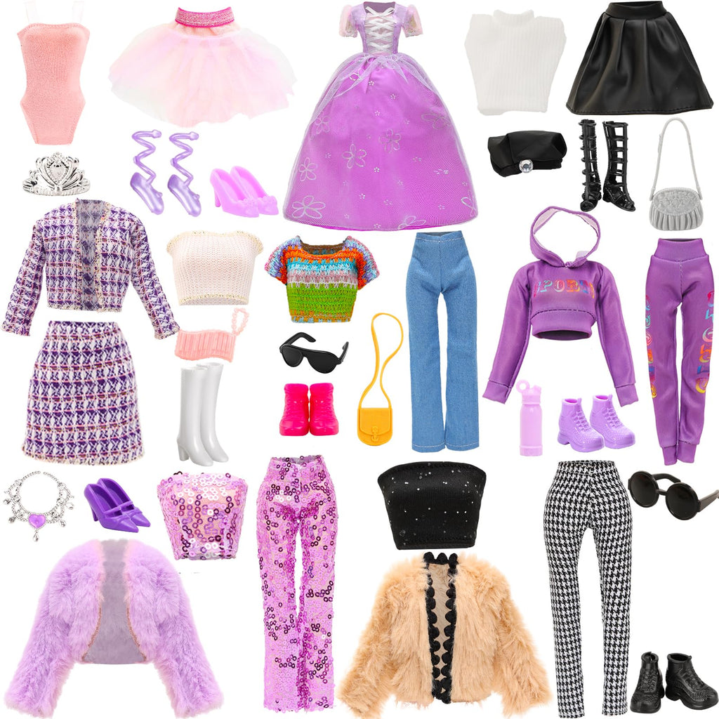 24 Pcs Doll Clothes & Accessories 8 Set Clothes Including Party Gown Chill Suits Casual Outfits Sport Wear Ballet Dresses for Doll with 8 Shoes 8 Accessories for 11.5 Inch Girl Dolls Storytelling Set