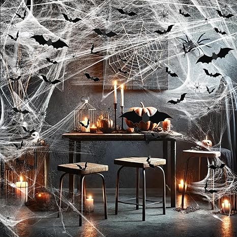 Famoby 1200 sqft Halloween Spider Webs and 120pcs Fake Bats and 50pcs Fake Spiders Super Stretch Cobwebs Party Decorate for Halloween Theme Indoor and Outdoor Decoration