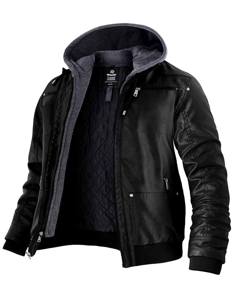 wantdo Men's Big and Tall PU Faux Leather Jacket Zip-Up Motorcycle Bomer Jacket Casual Winter Coat with Removable Hood